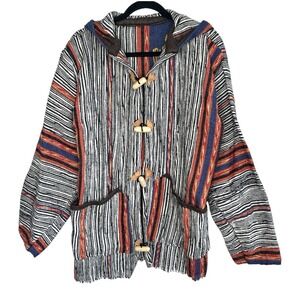 Boho Baja Hoodie Mexican Blanket Toggle Jacket Medium Indie Festival Surf Stripe